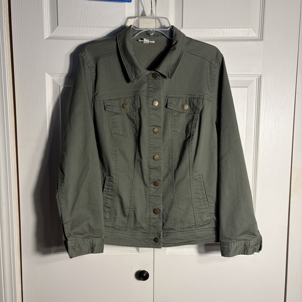 Westport Jean Jacket Women 1X Olive Green Denim Stretch Army Utility Trucker